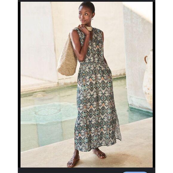Garnet Hill ikat printed Linen Cinched-Waist Maxi Dress plus size 16 - Picture 1 of 13